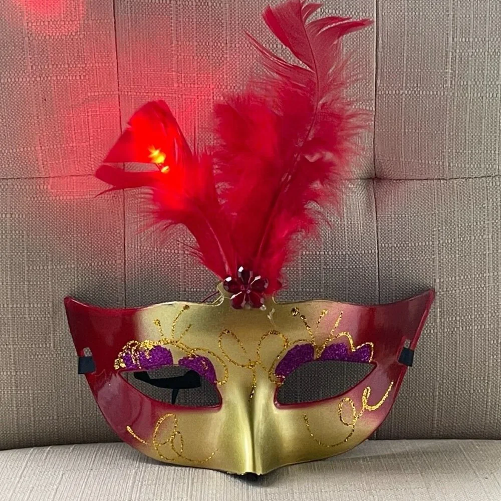Light Up Mask for Halloween Party Mask Red Faux Feather Eye Mask